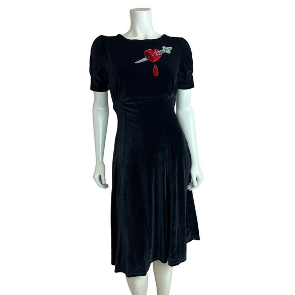Nicoletta Carlone Black Velvet Dress XS Pierced Heart Sequin Dagger Goth 30s 40s - Picture 1 of 12
